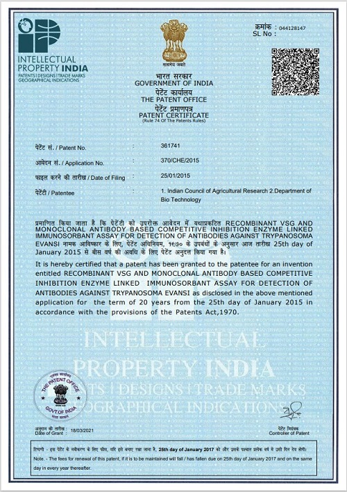 ICAR-NIVEDI, Bengaluru receives Indian Patent